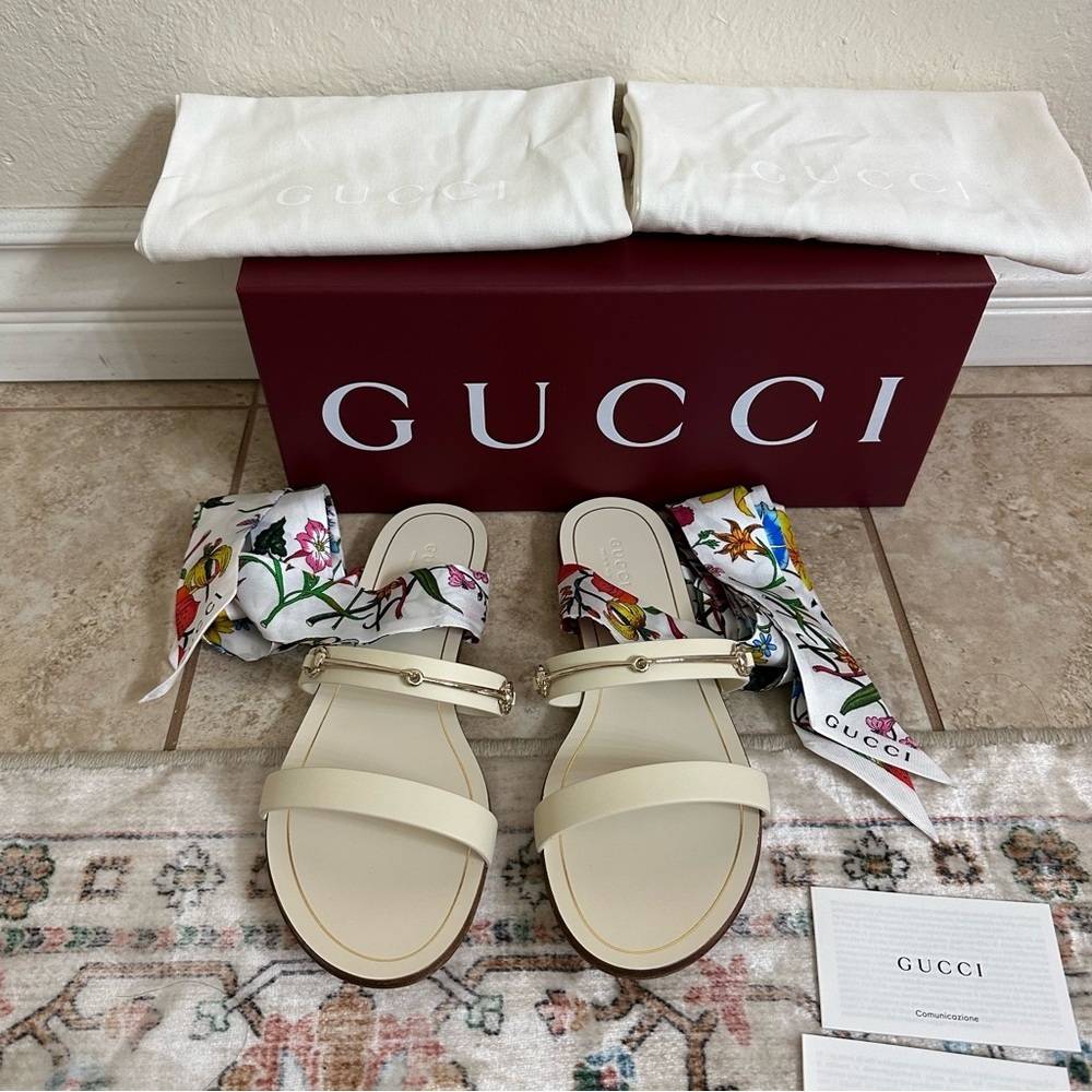 New authentic Gucci silk ankle wrap leather sandals size 37.5 - Picture 8 of 9